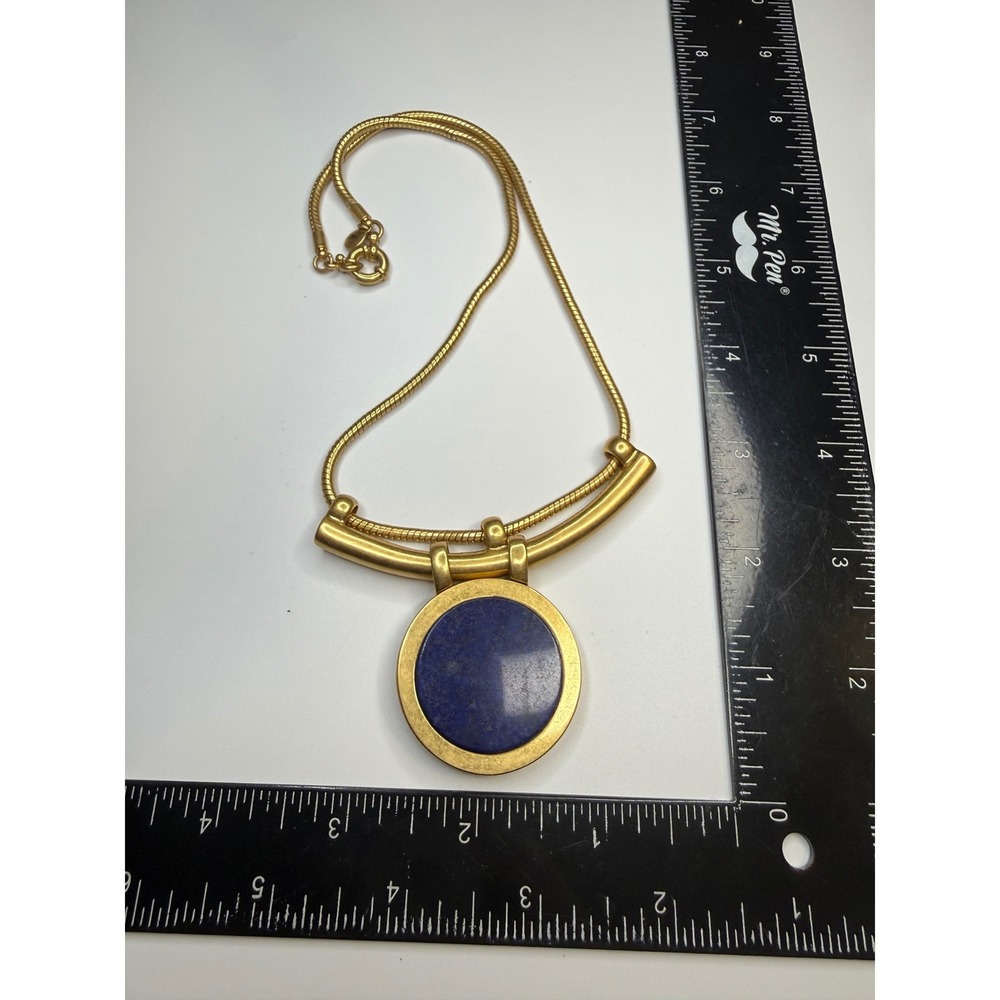 Modernist Matte Gold Tone Lapis Lazuli‎ Circle Pendant Snake Chain Necklace